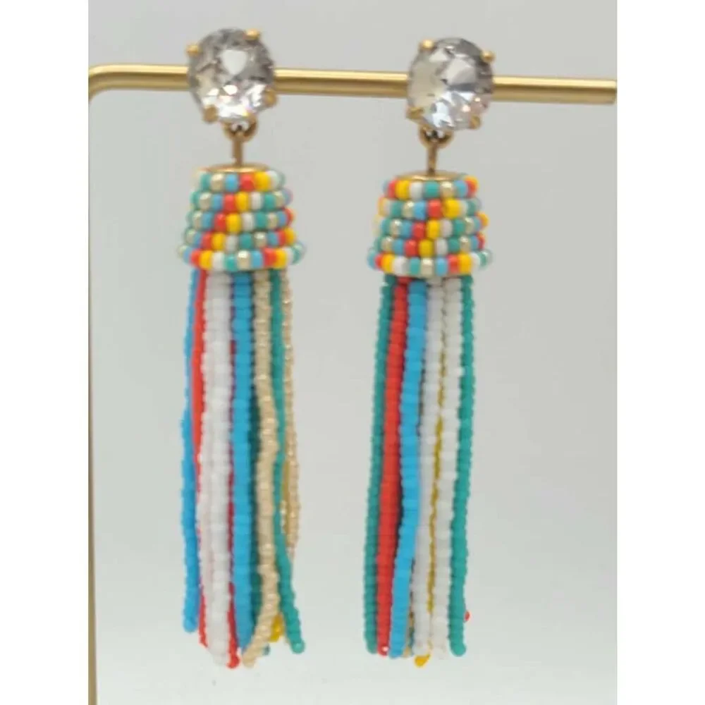 J Crew Multi Color Seed Bead Tassel Earrings with Crystal